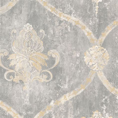 Gray Weathered Damask Wallpaper D Marie Interiors