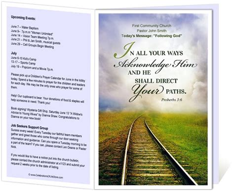 See our easy to use templates for ideas and guidelines on how to print your own church bulletins. Church Bulletin Templates : Railroad Church Bulletin Template with Proverbs 3:6, In all your ...