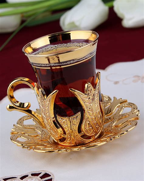 Amazon Com Turkish Tea Set For 6 Glasses With Brass Holders Lids