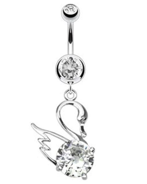 Double Jewelled Belly Bar Navel Ring With Dangle Cz Swan The Body