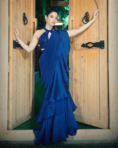 Tamannaah Bhatia Ups Her Style Game In A Blue Ruffle Saree
