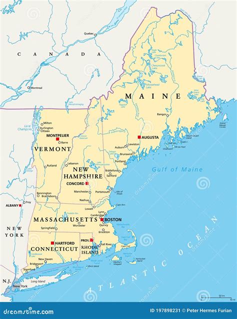New England Region Of The United States Of America Political Map Stock