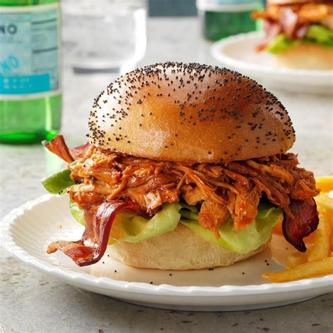 Bbq Bacon Pulled Chicken Sandwiches Recipe Taste Of Home