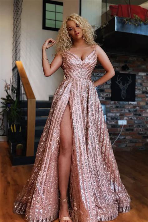 Rose Gold Sequins Long Prom Dresses V Neck Spaghetti Evening Dress With Split Op900 Ombreprom