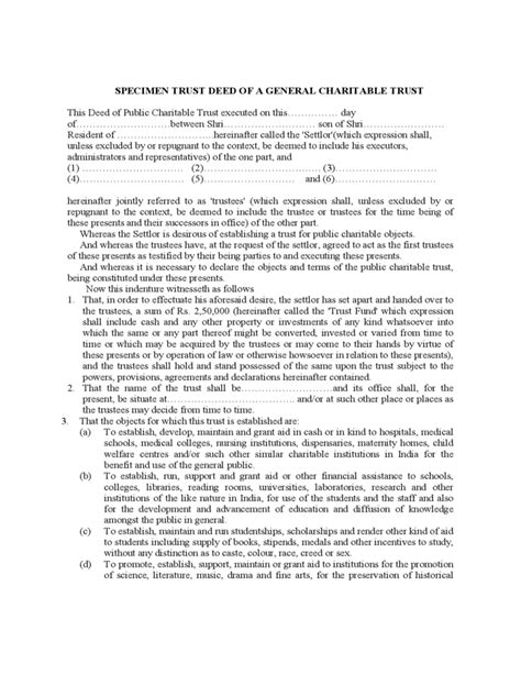 Deed Of Public Charitable Trust Form Free Download