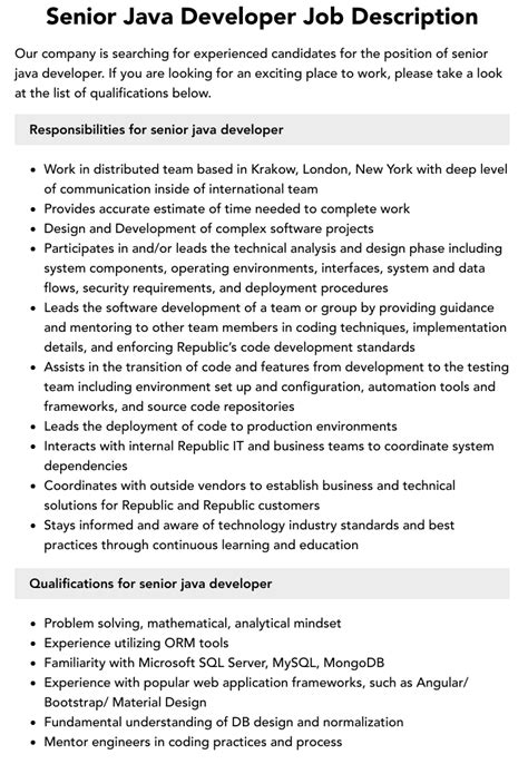 Senior Java Developer Job Description Velvet Jobs