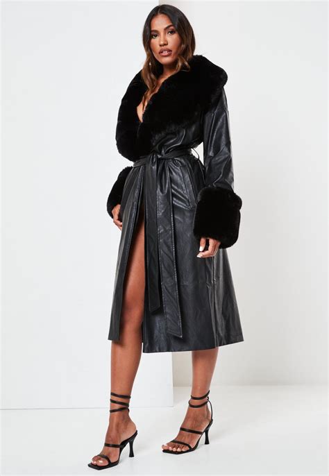 Black Faux Leather Faux Fur Trench Coat Missguided