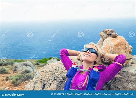 Woman Resting On Rocks Crete Island Greece Stock Photo Image Of