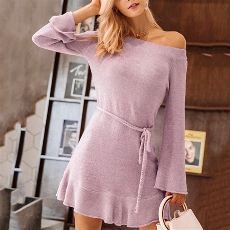 autumn winte sexy off shoulder knitting sweater dress women elegant ruffle sash short dress