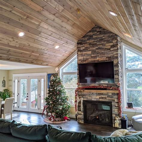 Tongue And Groove Vaulted Ceiling Farm House Living Room Vaulted