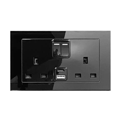 Retrotouch Crystal 13a Dp Switched Socket With Dual Usb Black Plain Glass