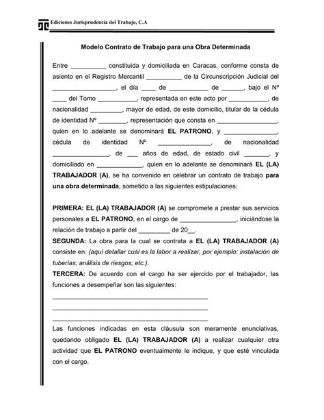 Ejemplo De Contrato De Trabajo Por Obra Determinada Para Trabajadores