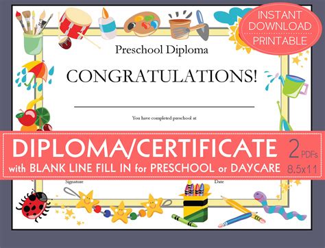 Diplomacertificate For Preschool Or Daycare Printable Pdf With Fill