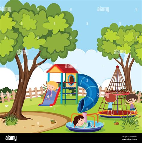 Playground Scene With Many Kids Playing Illustration Stock Vector Image