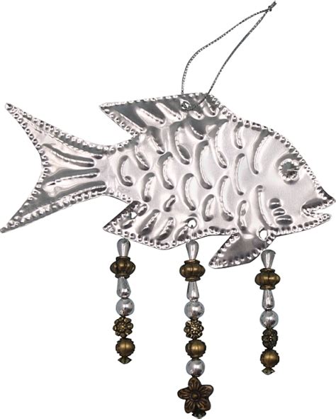 Punched Metal And Bead Ornament Fish Set Of 3 Handcrafted Punched Metal