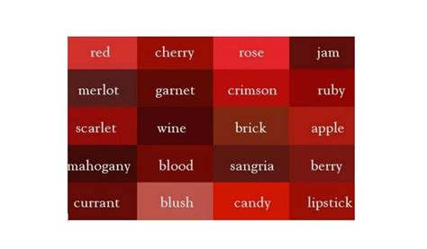 Cheat Sheet 41 Shades Of Red Color Red Color Names Different