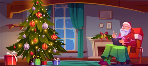 Santa Claus In Living Room With Christmas Tree 14070957 Vector Art At