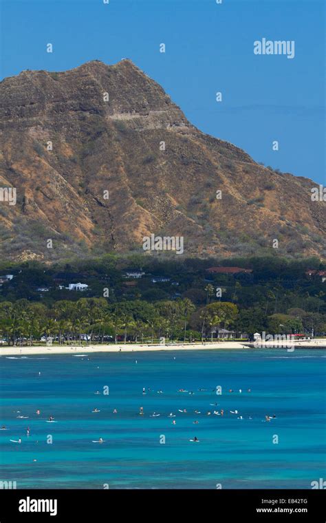 Diamond Head Old Volcanic Crater And Surfers Waikiki Honolulu Oahu