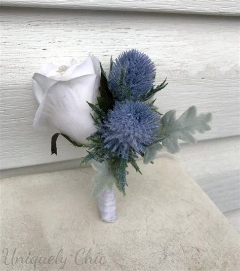 Mens Boutonniere Blue Thistle White Rose Groomsmen Boutonniere Silk Rose Buttonhole Dusty Blue