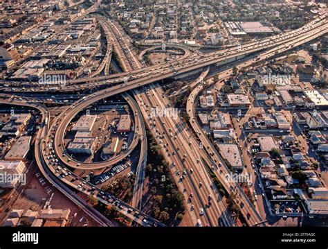 Aerial View Of The 10 Freeway Intersection With The 110 Freeway In Los