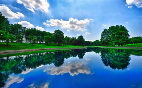 Green Trees Pond Reflection Hd Wallpaper Wallpaper Flare