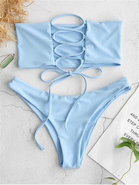 [3 off] 2021 zaful unlined back lace up bandeau bikini set in light blue zaful