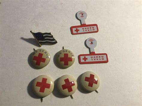 Vintage Wwii American Red Cross We Serve Pinback Button Pin Lot 1940s