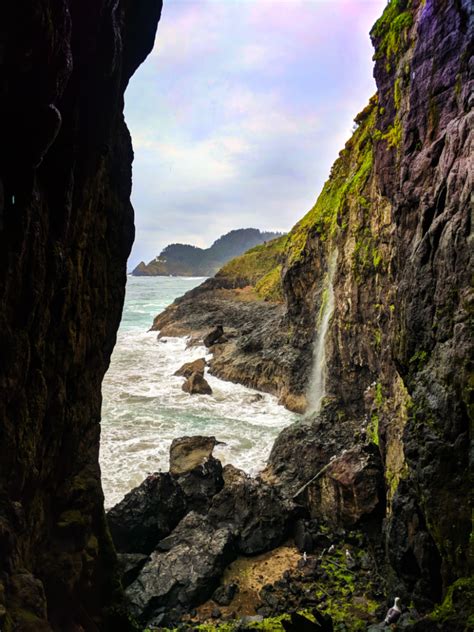 Haceta Head Lighthouse At Waterfall At Sea Lion Caves Florence Oregon