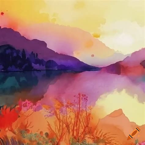Watercolor Painting Of Mountains And Lake At Sunrise On Craiyon
