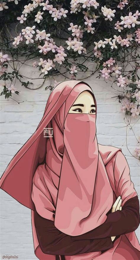 Karikatur Muslim Wanita Muslimah Cantik Lukisan Berhijab Bercadar Niqab Keren Purdah Cadar Pakai