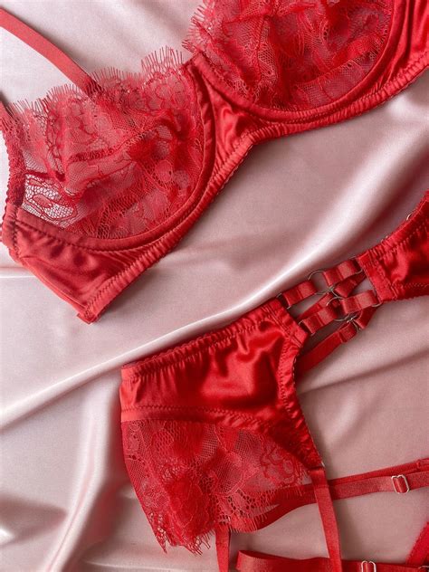 Red Silk Lingerie Set See Through Lingerie Sexy Lingerie Etsy