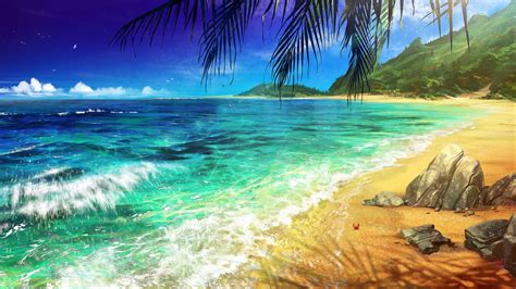 Download Wallpaper 2048x1152 Beach Palm Ocean Art Surf Ultrawide