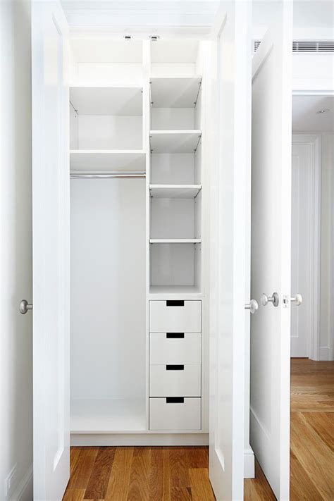 Combating clutter using a hanging closet organizer means weeding out your closets, seeing which items you can store in an organizer, and selecting the best size organizer for your needs. small and narrow closet organizer idea in white of Small ...