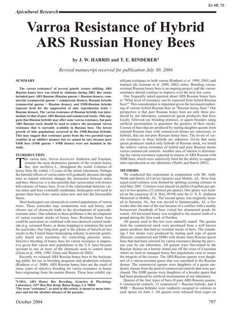 Pdf Varroa Resistance Of Hybrid Ars Russian Honey Bees