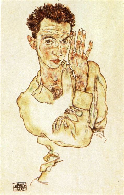 Egon Schiele Self Portrait With Raised Right Hand Gouache