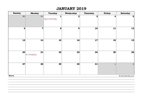 2019 Monthly Calendar Template My Excel Templates