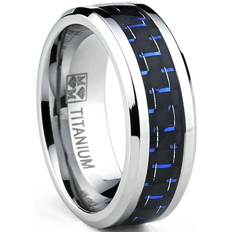 Ringwright Co Mens Titanium Ring Wedding Engagement Band With Black And Blue Carbon Fiber