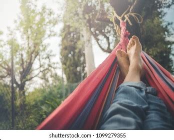 Relaxing Hammock Nude Feet Close Spring Stock Photo