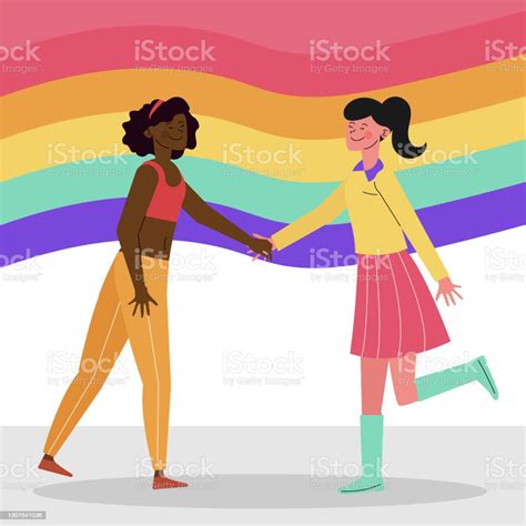 Lesbijska Para Z Flagą Lgbt Ilustrowana Ilustracja Wektorowa Stockowe