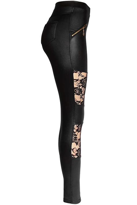 Black Leather And Lace Mesh Panel Leggings Pants