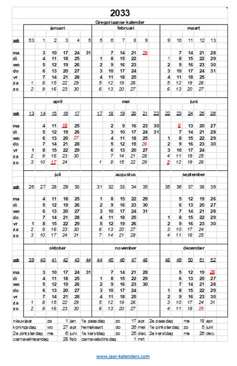 2033 Kalender Jaarkalender Met Weeknummers En Maanden Feestdagen