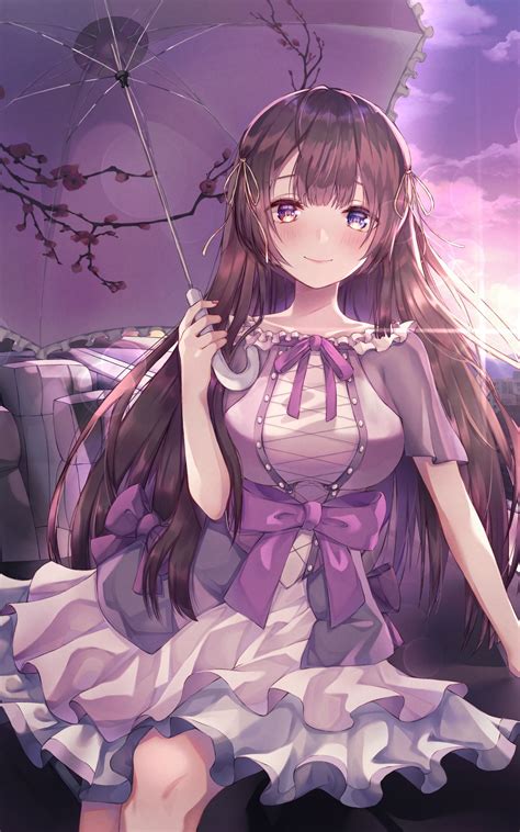 Download 1600x2560 Pretty Anime Girl Brown Hair Dress Smiling