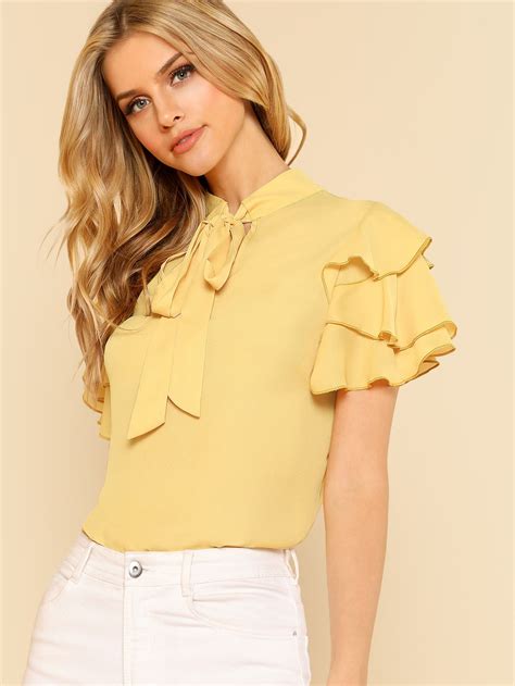 Tie Neck Layered Flounce Sleeve Top Top Outfits Tops Clothes For Women