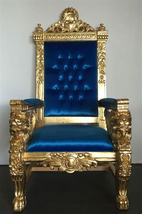 Hollywood Regency Royal Blue And Gold Xl Lion Head King Chair Gothic