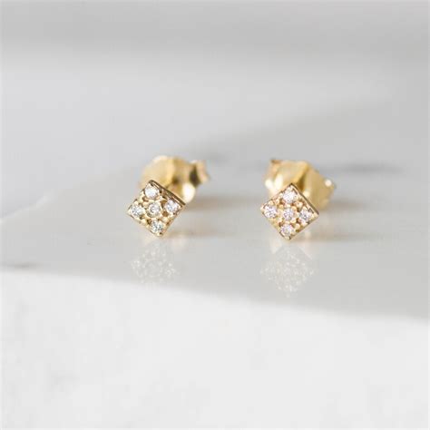 K Gold Diamond Earrings Square Dainty Tiny Diamond Studs Etsy