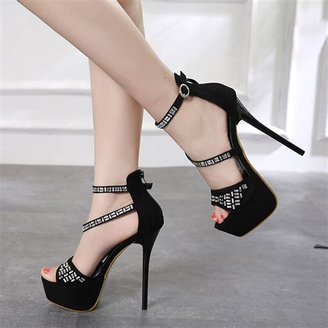 Women Ankle Strap High Heel Shoes Summer 2018 New Woman Sexy Platform Peep Toe Rhinestone Black
