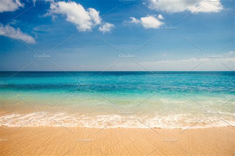 Colorful Sea View From Tropical Wahite Sand Beach With Sunny Blue Sky