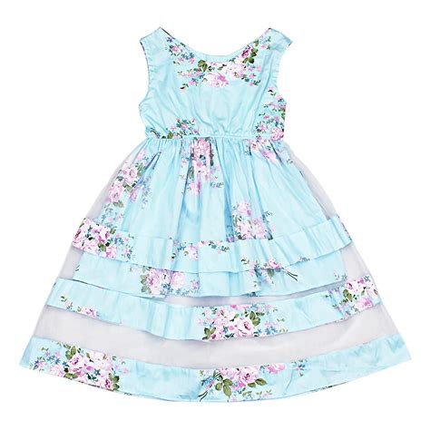 Girls Summer Dress Beach Style Lace Gauze Tiered Floral Print Party