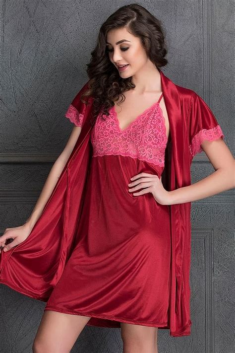 Buy Short Night Dress And Robe Set In Maroon Satin Online India Best Prices Cod Clovia