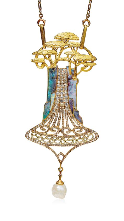 An Art Nouveau Opal Diamond And Enamel Cedars Pendent Necklace By